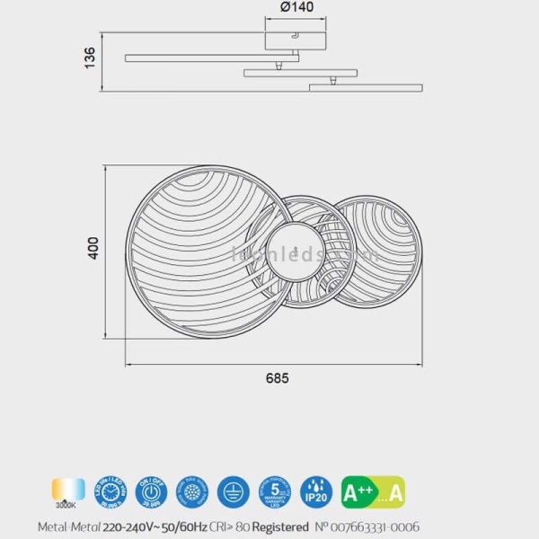 Dimensões Luminária de parede e teto Collage LED 40W Preto Ouro 7232 7233 Mantra | Leon Iluminação LED
