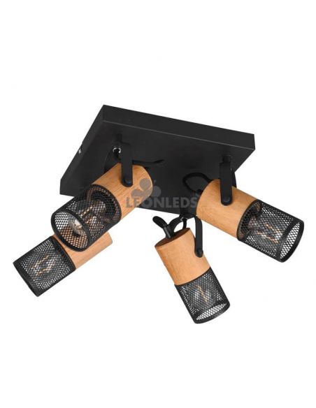Plafón LED vintage de madera y metal Tosh 4xE14 de Trio Lighting| plafón metálico marrón y negra| LeonLeds Iluminación