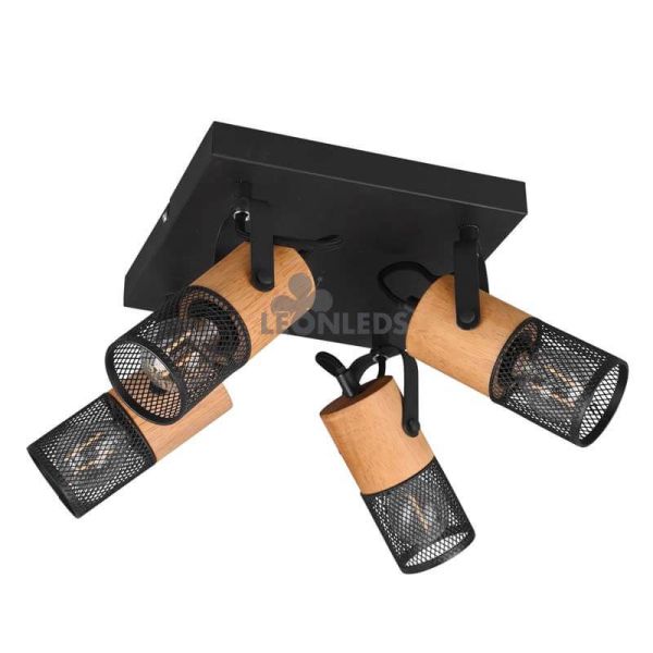 Plafón LED vintage de madera y metal Tosh 4xE14 de Trio Lighting| plafón metálico marrón y negra| LeonLeds Iluminación