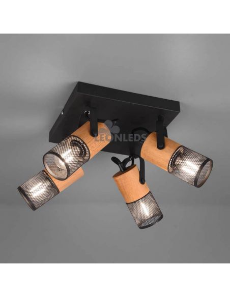 Plafón LED vintage de madera y metal Tosh 4xE14 de Trio Lighting| plafón de madera industrial| LeonLeds Iluminación
