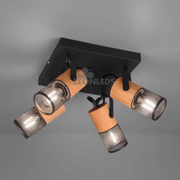 Plafón LED vintage de madera y metal Tosh 4xE14 de Trio Lighting| plafón de madera industrial| LeonLeds Iluminación