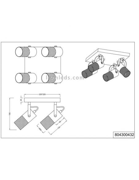 Plafonnier LED Vintage Tosh 4xE14 en Bois et Métal de Trio Lighting | mesures pour hall d'entrée | Éclairage LeonLeds