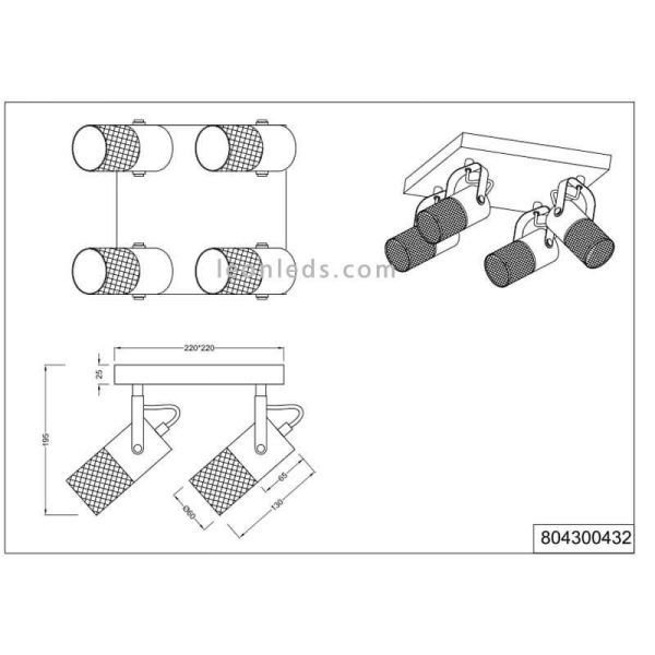 Plafón LED vintage de madera y metal Tosh 4xE14 de Trio Lighting| medidas para salon entrada| LeonLeds Iluminación