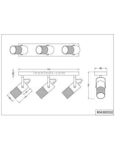 Dimensions Tosh 3xE14 Trio d'éclairage sur rail en bois et métal vintage Lighting 804300332 | LeonLeds