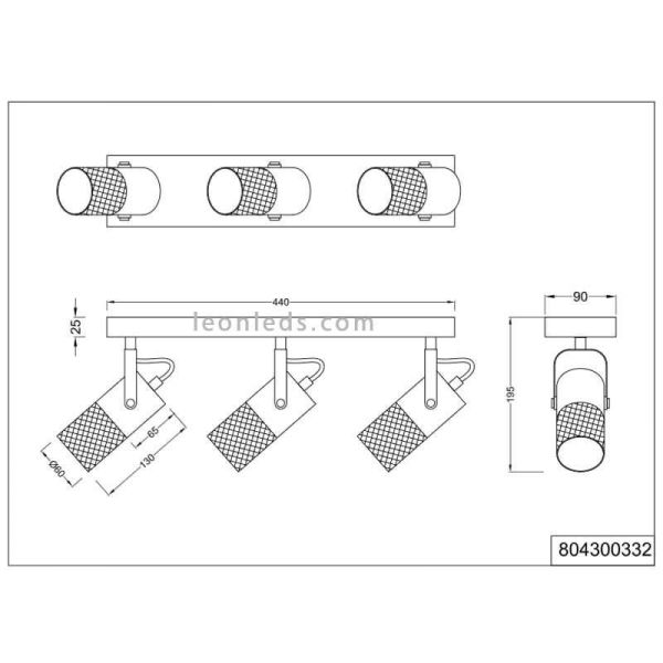Dimensões Tosh 3xE14 Trio de iluminação de trilho de madeira e metal vintage 804300332 | Leon Leds-Led ...