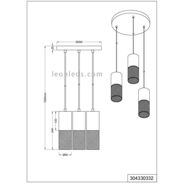 MEDIDAS Luminária de teto Tosh 3xE27 vintage marrom e preta 304330332 Trio | Leon Leds-Led ...