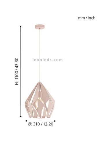 Lámpara colgante de Techo Carlton 1 rosa 1XE27 | Lámpara rosa pastel de Eglo Lighting | LeonLeds Iluminación