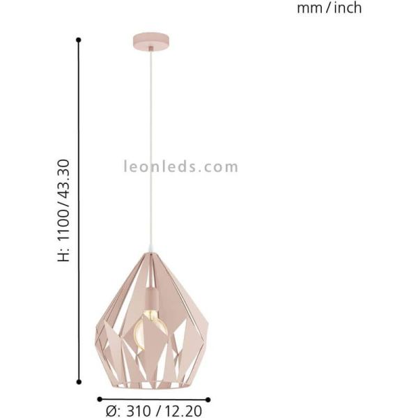 Lámpara colgante de Techo Carlton 1 rosa 1XE27 | Lámpara rosa pastel de Eglo Lighting | LeonLeds Iluminación