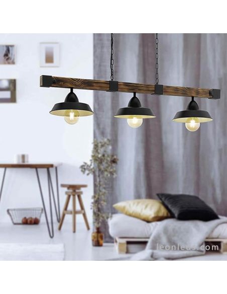 Lámpara de techo de madera y acero rustica Oldbury 3 luces 49685 | LeonLeds