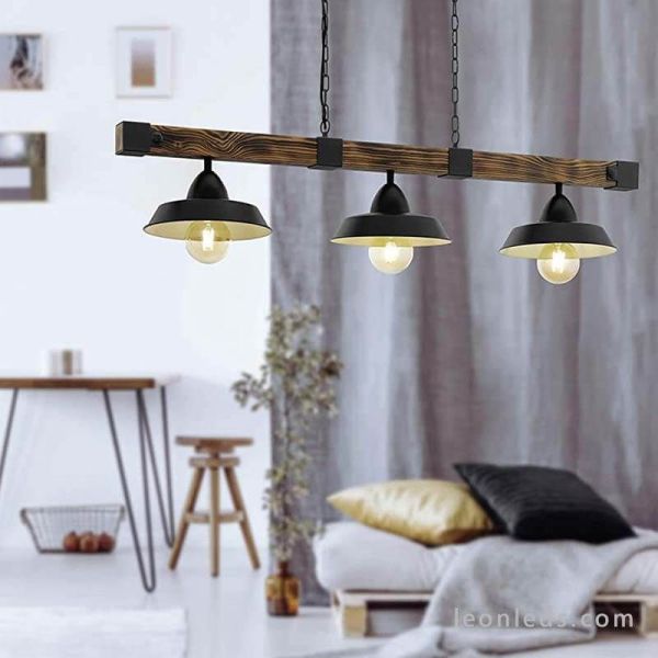 Lámpara de techo de madera y acero rustica Oldbury 3 luces 49685 | LeonLeds