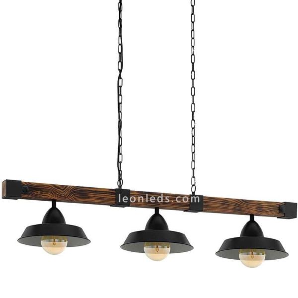 Lámpara de techo de madera y acero rustica Oldbury 3 luces 49685 | LeonLeds Iluminación
