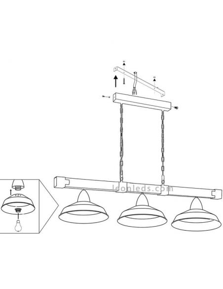 Lámpara de techo de madera y acero rustica Oldbury 3 luces 49685 | LeonLeds