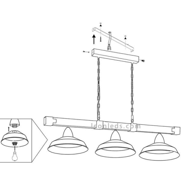 Lámpara de techo de madera y acero rustica Oldbury 3 luces 49685 | LeonLeds