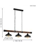 Dimensions Lampe à suspension rustique en acier et bois Oldbury 3L 49685 | leonleds