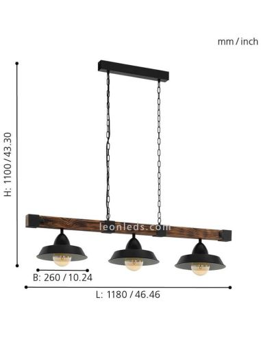 Dimensiones Lámpara de techo de madera y acero rustica Oldbury 3 luces 49685 | LeonLeds