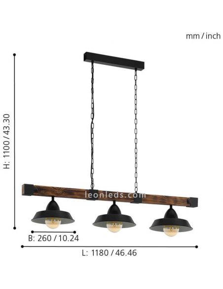 Dimensiones Lámpara de techo de madera y acero rustica Oldbury 3 luces 49685 | LeonLeds