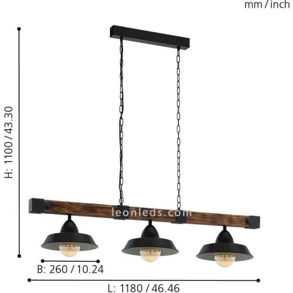 Dimensions Lampe à suspension rustique en acier et bois Oldbury 3L 49685 | leonleds