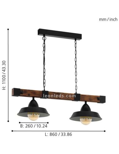 Suspension LED Oldbury 2XE27 | Plafonnier Vintage de Eglo Iluminación mesures| Éclairage LeonLeds