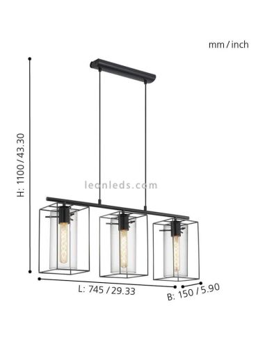 Lámpara de techo LED de cristal colgante Loncino 3XE27 | Lámpara vintage medida Eglo Iluminación | LeonLeds Iluminación