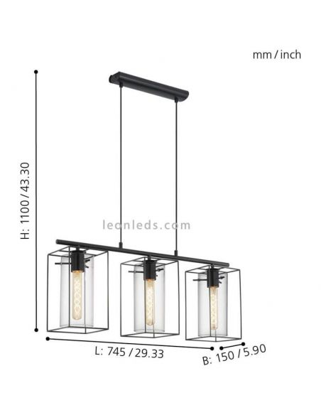 Lámpara de techo LED de cristal colgante Loncino 3XE27 | Lámpara vintage medida Eglo Iluminación | LeonLeds Iluminación