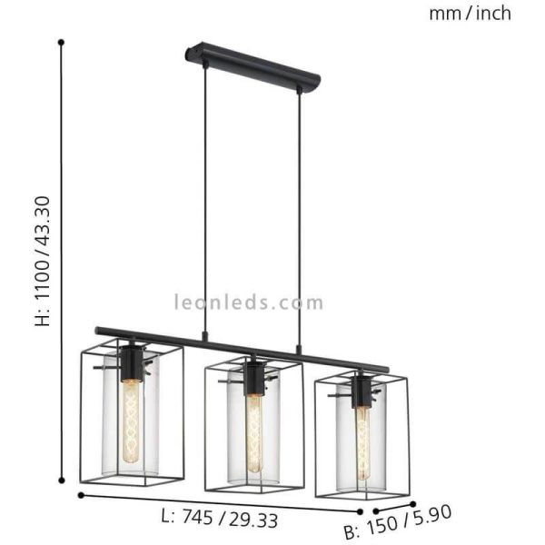 Lámpara de techo LED de cristal colgante Loncino 3XE27 | Lámpara vintage medida Eglo Iluminación | LeonLeds Iluminación