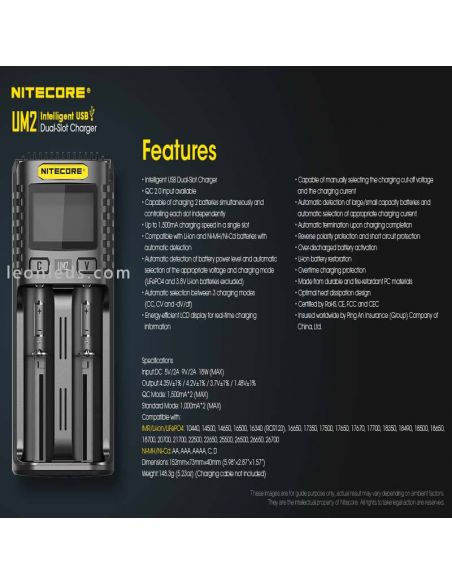 Carregador Universal com Display LCD UM2 com 2 Nitecore Bays | Leon Iluminação LED