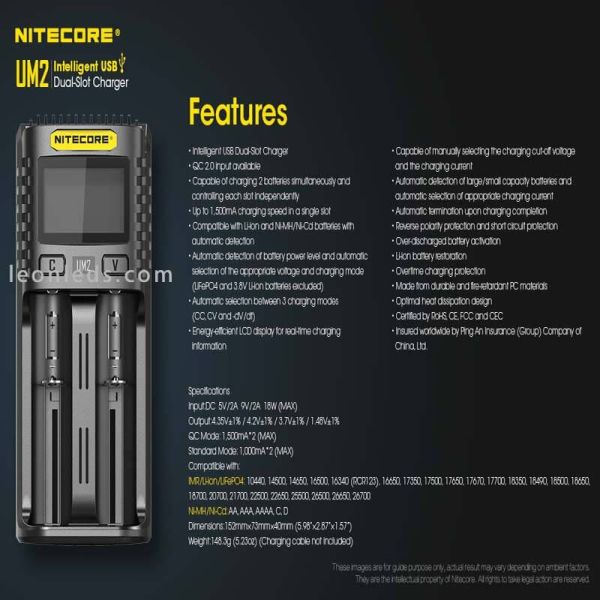 Chargeur universel avec écran LCD UM2 avec 2 baies Nitecore | Éclairage LeonLeds