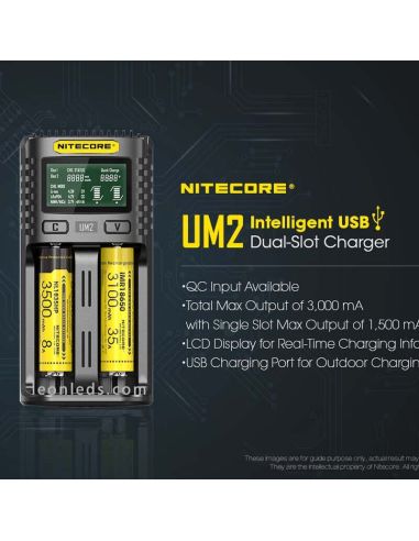 Carregador universal com visor LCD UM2 com 2 compartimentos Nitecore UM2 | leonleds