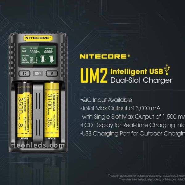 Carregador universal com visor LCD UM2 com 2 compartimentos Nitecore UM2 | leonleds
