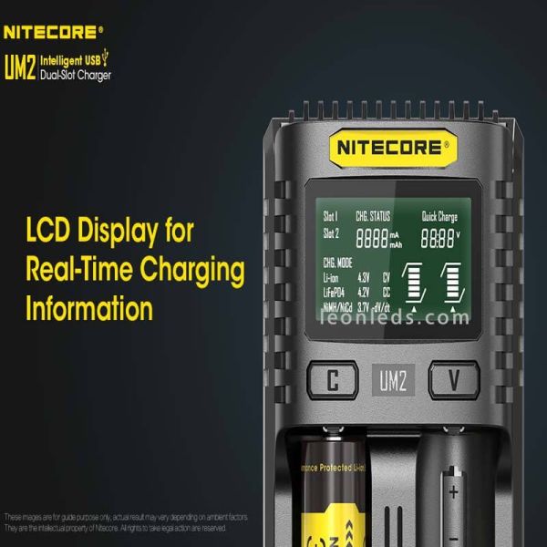 Carregador universal com visor LCD UM2 com 2 compartimentos Nitecore UM2 | leonleds