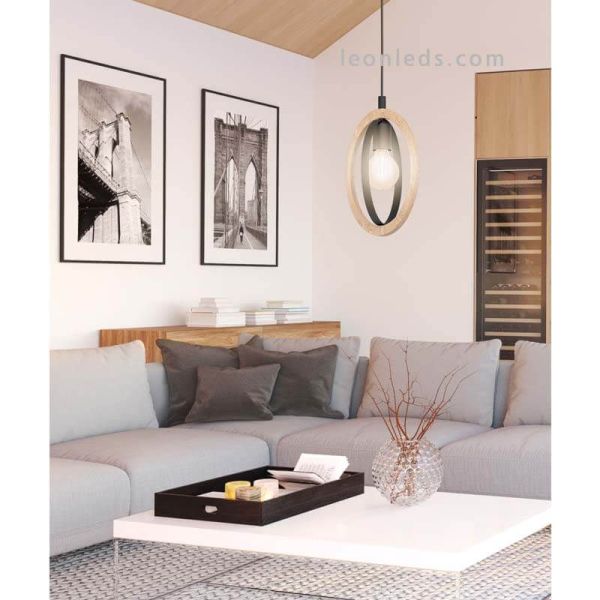 Lámpara colgante LED vintage de madera Basildon 1XE27 | Lámpara de techo retro de Eglo Iluminación | LeonLeds Iluminación