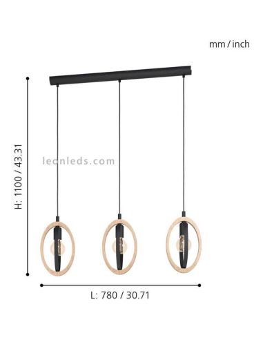 Lámpara de techo LED vintage de madera Basildon 3XE27 | Lámpara medidas de Eglo Iluminación | LeonLeds Iluminación