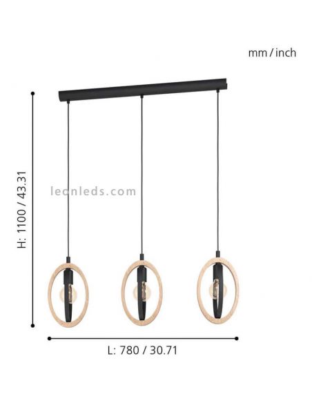 Lámpara de techo LED vintage de madera Basildon 3XE27 | Lámpara medidas de Eglo Iluminación | LeonLeds Iluminación
