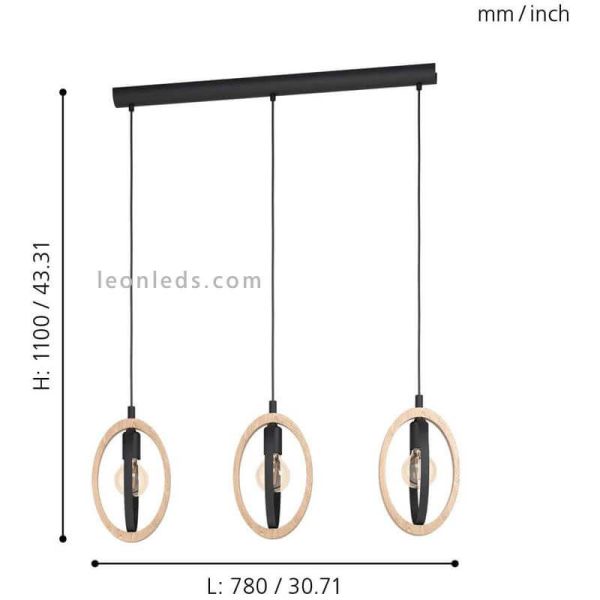 Lámpara de techo LED vintage de madera Basildon 3XE27 | Lámpara medidas de Eglo Iluminación | LeonLeds Iluminación