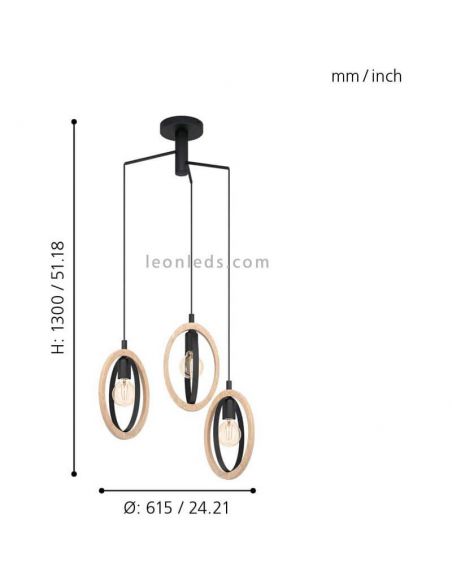 Lámpara de techo LED vintage de madera Basildon 3XE27 | Lámpara medidas de Eglo Iluminación | LeonLeds Iluminación