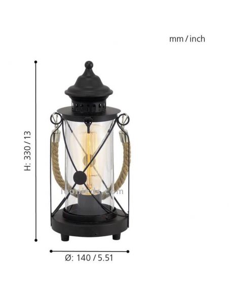 Lanterne de table LED vintage Bradford 1xE27 | Lampe de table en corde noire de Eglo Iluminación | Éclairage LeonLeds