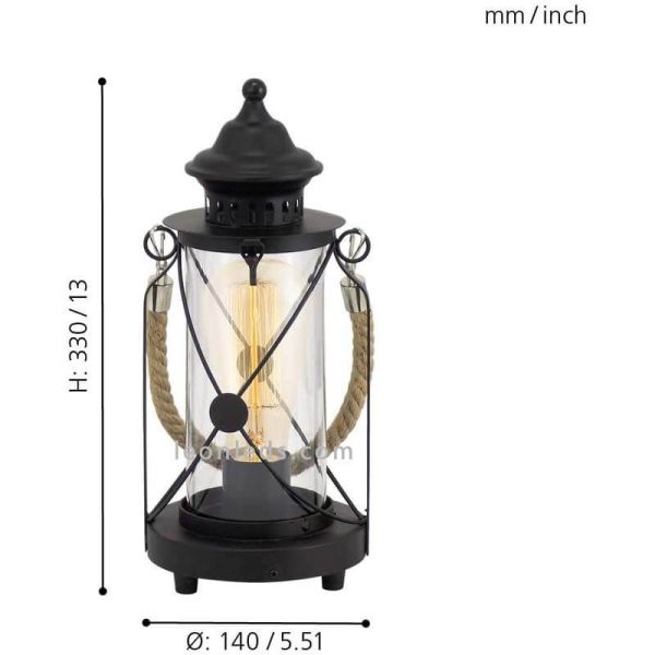 Lanterne de table LED vintage Bradford 1xE27 | Lampe de table en corde noire de Eglo Iluminación | Éclairage LeonLeds
