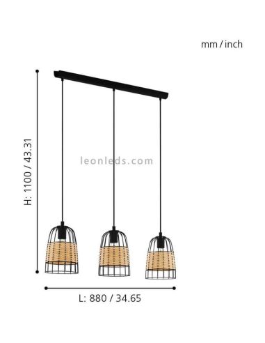 Lámpara colgante de techo LED rattan Anwick 3XE27 | Lámpara de mimbre de Eglo Iluminación | LeonLeds Iluminación