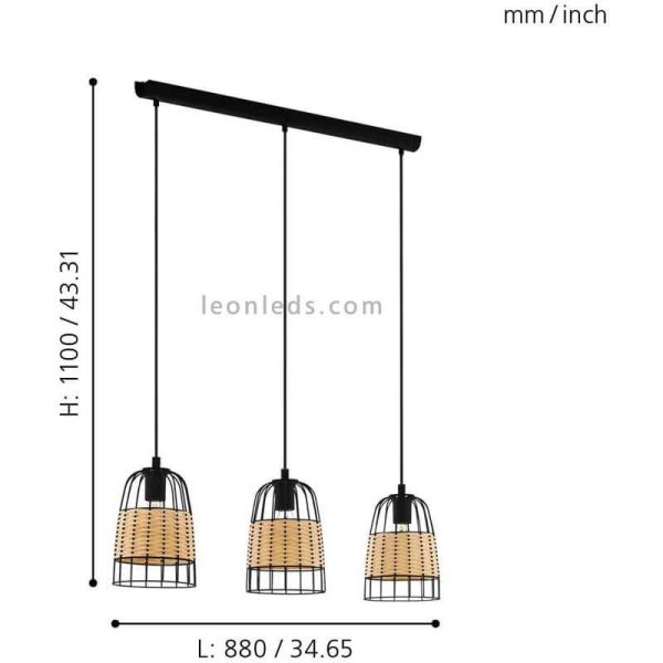 Lámpara colgante de techo LED rattan Anwick 3XE27 | Lámpara de mimbre de Eglo Iluminación | LeonLeds Iluminación