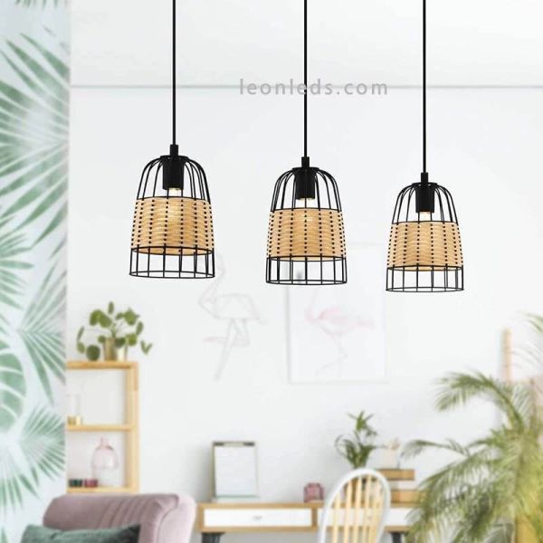 Lámpara colgante de techo LED rattan Anwick 3XE27 | Lámpara color amarillo de Eglo Iluminación | LeonLeds Iluminación