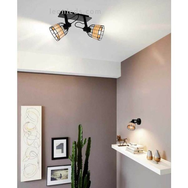 Regleta LED rattan y acero Anwick 1 2XE27 | Aplique yute mimbre de Eglo Iluminación | LeonLeds Iluminación