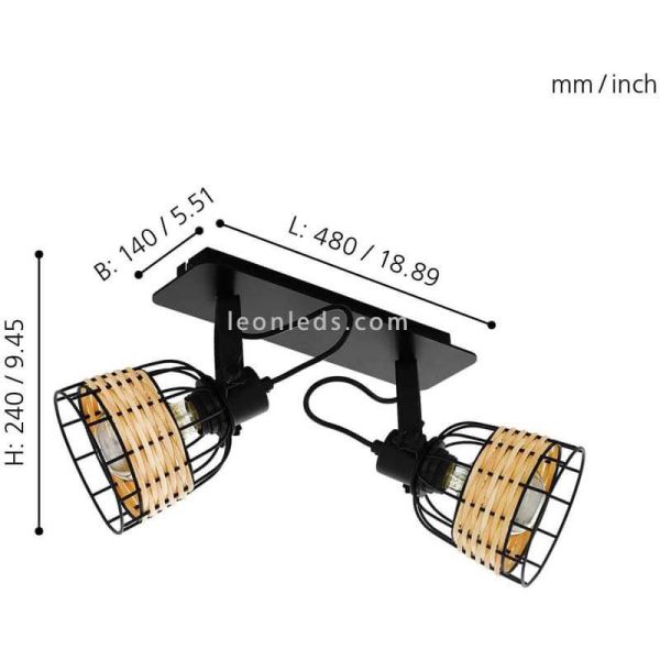 Regleta LED rattan y acero Anwick 1 2XE27 | Regleta madera de Eglo Iluminación | LeonLeds Iluminación