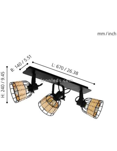 Regleta LED rattan y acero Anwick 1 3XE27 | Regleta madera de Eglo Iluminación | LeonLeds Iluminación