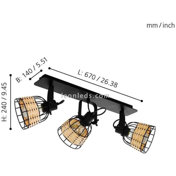 Réglette LED en rotin et acier Anwick 1 3XE27 | Bande en bois Eglo Iluminación | Éclairage LeonLeds