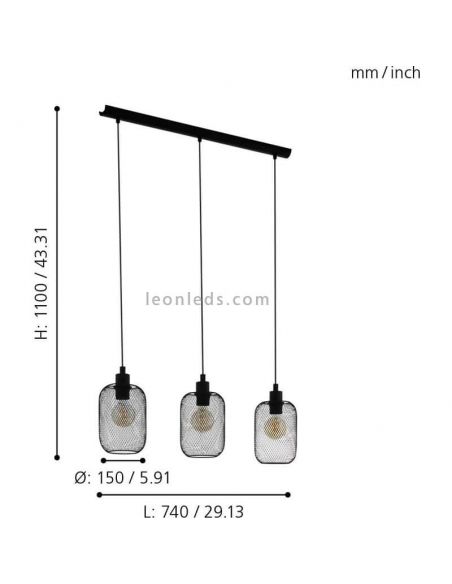Wrington 3XE27 Lâmpada de teto de arame LED | Candeeiro de metal preto da Eglo Iluminación | Leon Iluminação LED