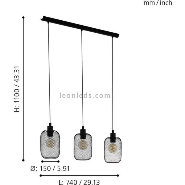Lámpara de techo LED alambre Wrington 3XE27 | Lámpara de metal negro de Eglo Iluminación | LeonLeds Iluminación