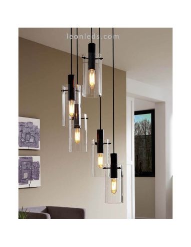 Lámpara de techo LED de cristal cilíndrico Montefino 5XE27 | Lámpara 5 puntos luz Eglo Iluminación | LeonLeds Iluminación