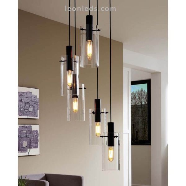 Lámpara de techo LED de cristal cilíndrico Montefino 5XE27 | Lámpara 5 puntos luz Eglo Iluminación | LeonLeds Iluminación