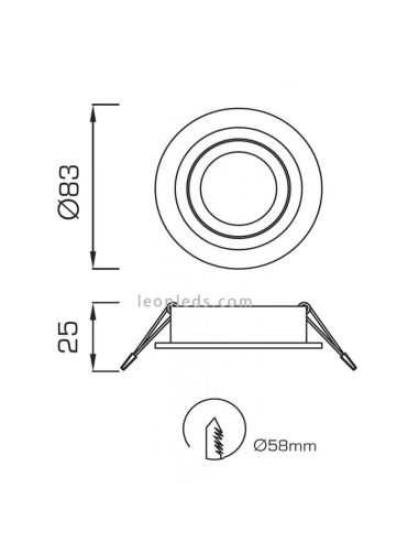 Dimensiones Aro Empotrable estanco redondo Atlantis Blanco IP54 6405 | LeonLeds