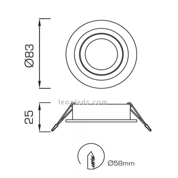 Dimensiones Aro Empotrable estanco redondo Atlantis Blanco IP54 6405 | LeonLeds